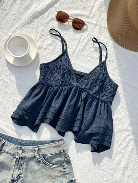 Comfortcana Women's Lace Patchwork Solid Color Summer Camisole, Suitable For Summer