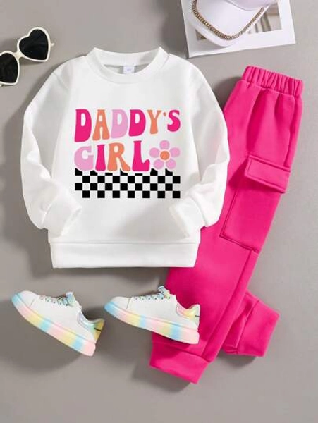 Young Girl Letter Pattern Print Round Neck Long Sleeve Sweatshirt And Solid Color Pocket Sweatpants Set, For Christmas
