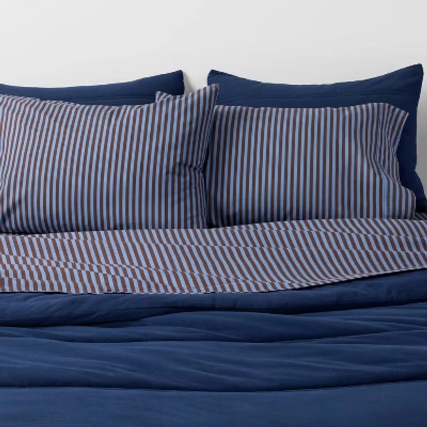 Twin/Twin Extra Long Percale Stripe Sheet Set Blue/Brown - The Hollister Collection at Target
