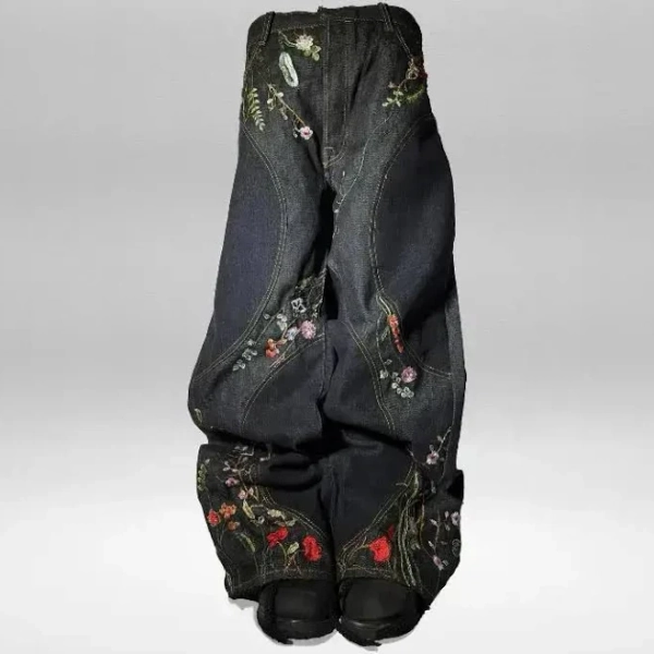 Retro Harajuku Style Floral Embroidery Streamlined Jeans