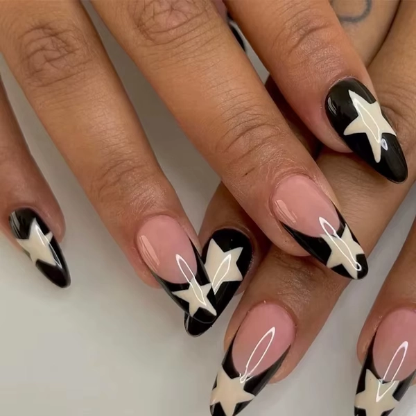 24 PCs Long French Black Edge Star Nails with 1 Jelly Gel and 1 Nail File - AliExpress 