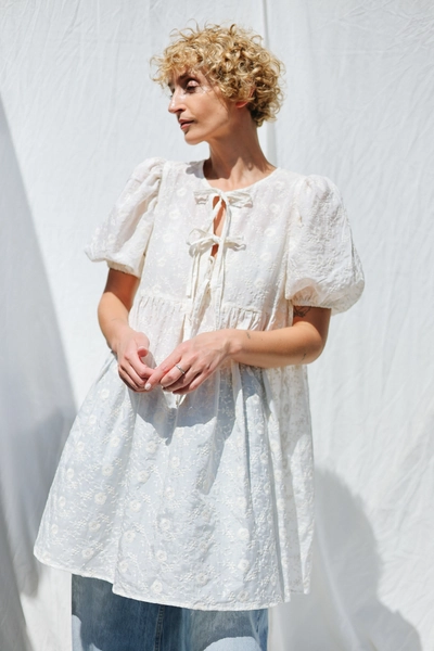 Puffy Sleeves Babydoll Dress in Ivory Embroidered Silk and Cotton