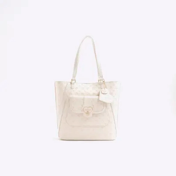 Girls Cream Heart Lock Pocket Shopper Bag