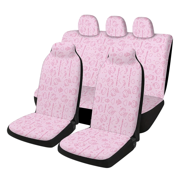 Authorized by Sanrio Premium Light Pink Outline Kitty All Over Print Printed 5-Seat Car Seat Covers, 2 Front And 2 Rear Seats Plus 3 Headrest Covers, Breathable Durable Car Interior Styling And Refit