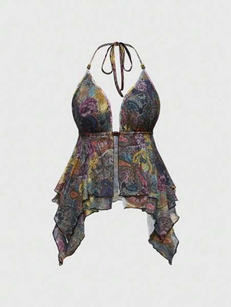 Goth Plus Size Retro Western Hippie Paisley Print Asymmetrical Hem Camisole