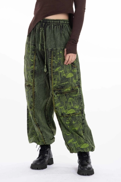 Green Stonewash Jeans for Women, Mushroom Clothing for Woman, Womens Hippie Festival Pants, Green Alternative Jeans, Plus Size Hippy Jeans