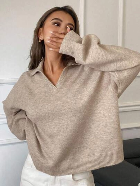 DAZY Women's Loose Fit Turndown Collar Long Sleeve Pullover Casual Street Knit Sweater, Solid Color, Autumn/Winter