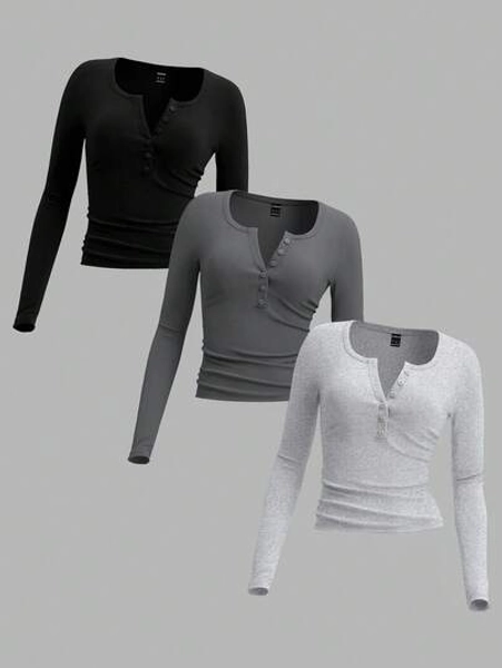 EMERY ROSE 3pcs/Set Plus Size Women Long Sleeve Crew Neck Button Front Knit T-Shirt, Suitable For Autumn/Winter