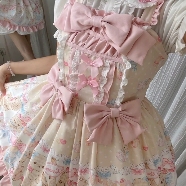Original Lolita Sweet Cute Spaghetti Strap Dress Summer New Happy Bear Printed Bow Aesthetic Y2k Dress Vestidos De Mujer - AliExpress 200000345