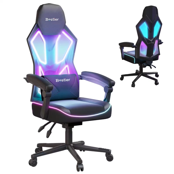 Bestier - RGB Gaming Chair with LED Lights Ergonomic Spring Cushion & Breathable Mesh Back - Black