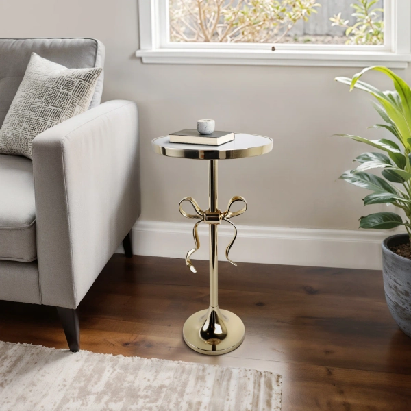 Everly Quinn Accent Table for Small Spaces and Living Room End Tables – End Table and Side Table with Bow Accent and Marble Top – Narrow End Table with Sculptural Style – 24", Gold/White & Reviews | Wayfair