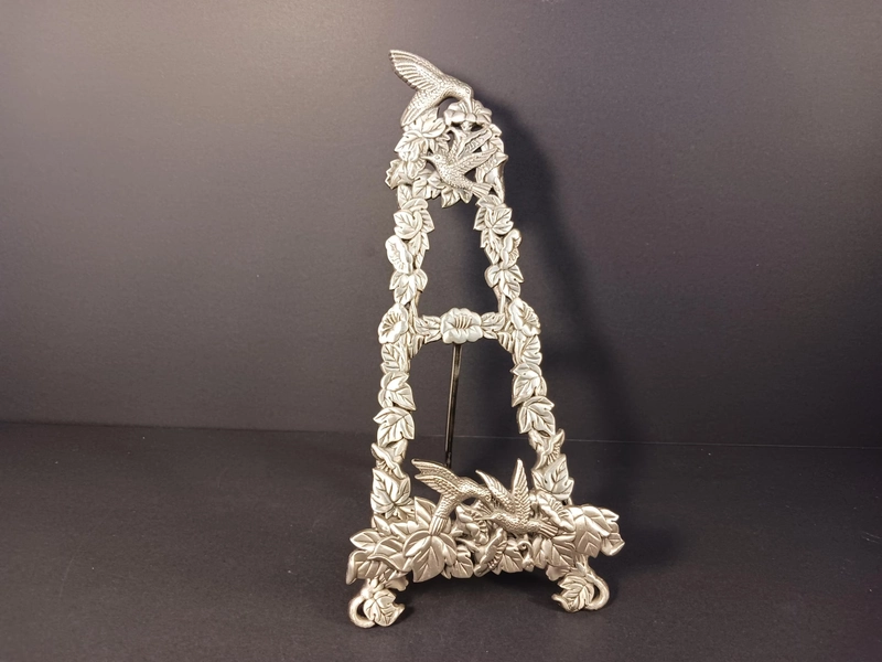Vintage Pewter Hummingbird Floral Easel Picture Frame Stand 9" Decorative Display Holder- Pewter Artwork Holder- Artwork Sold Separately
