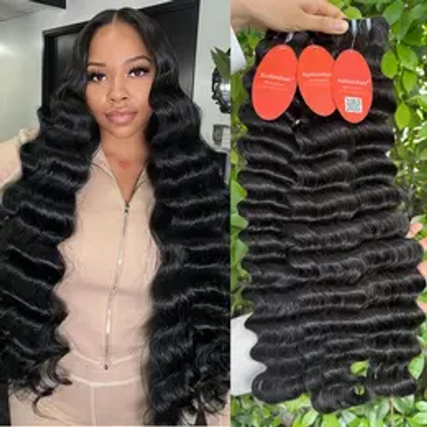 Karlami Loose Deep Wave 3/4  Bundles Human Hair Body Wave 12A Unprocessed Brazilian Virgin Hair Straight Bundle Human Hair Black Color for Women Tangle Free  Double Machine Weft Full And Thick
