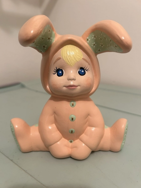 Vintage Ceramic Bunny Rabbit Baby Planter Figurine Pink Easter Nursery Decor