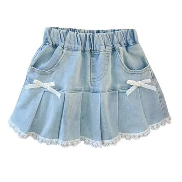 Girls' Mini Flared Pleated Denim Skirt