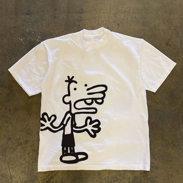 Simple Line Cartoon Doodle Boy Minimal Graphic Front Print Playful Casual Tee