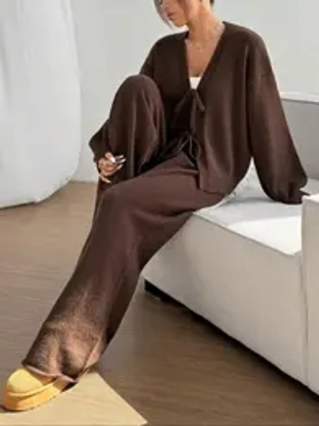 Women's 2 Pcs Tie Front Cardigan Sweater Set, Solid Long Sleeve V Neck Cardigan Sweater & Pants Two-piece Set, Casual Fashion Cozy Knitwear Set for Daily Outdoor Wear, Women Knitwear for Fall & Winter, Women Fall Loungewear set