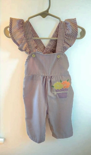 Vintage Healthtex 80s Overalls 12 Mo W/Flower Pot Applique Seersucker