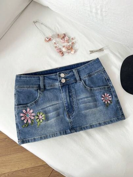 Elamini Women's Colorful Floral Embroidered Retro Vintage Blue Denim Skirt - Size L