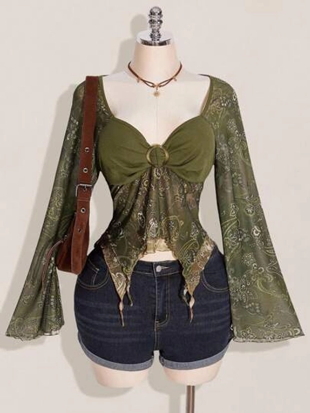 SHEIN ICON Women's Bohemian Holiday Paisley Print T-Shirt, Asymmetric Hem, Bell Sleeves, Vintage Y2k, Fall Boho Tops For Women Olive Green Top Paisley Top Bohemian Top Bell Sleeve Top,Back To School Bohemian Tops