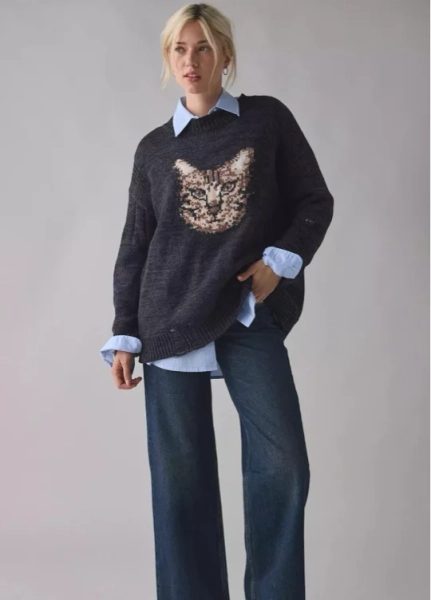 BDG Kurt Cat Graphic Distressed Oversized Sweater