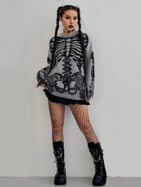 SHEIN Unity Women's Autumn Winter Skeleton Pattern Drop Shoulder Loose Casual Versatile Sweater,Long Sleeve Tops Knit Pullover Fall Outfit