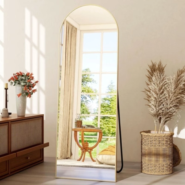 BEAUTYPEAK 64"x 21.36" Full Length Arched Full Body Floor Mirror with stand, Gold