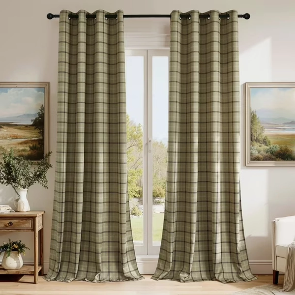 NICETOWN 100% Blackout Plaid Curtains Grid Pattern Room Daekening Privacy Grommet Window Treatment for Living Room, 1 Pair, Linen, W52 x L84