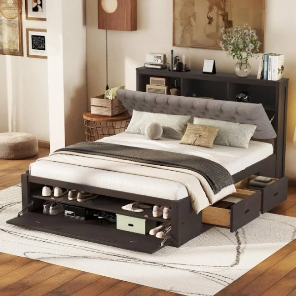 Nestfair Queen Wood Platform Bed Storage with Headboard pb0079