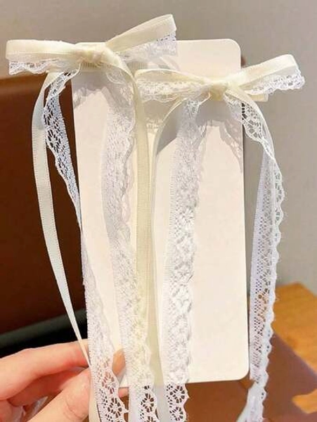 2pcs Lace Bow Hair Clips, Ribbon Tie Barrettes For Braids, Cute Kawaii Streamers For Pigtails, Korean Hair Accessories Valentines Claw Clips, School Stuff, Elegant, College