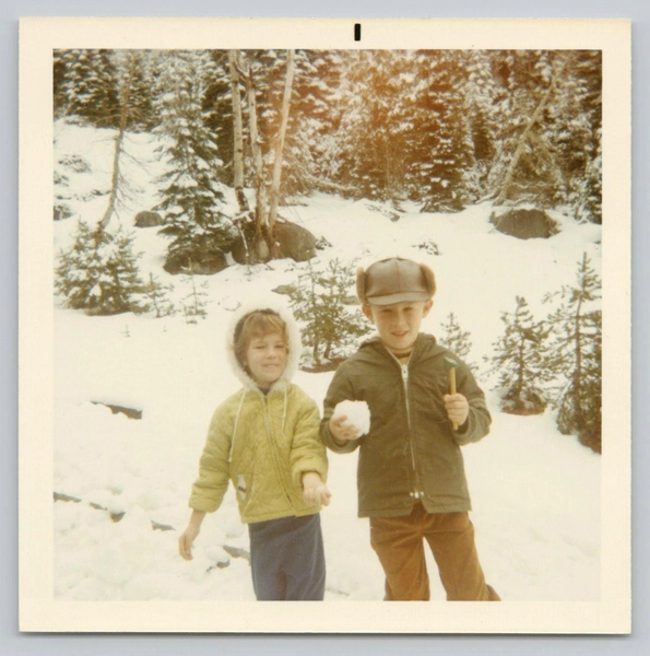 1970s Color Snapshot Little Boys Snowball Fight Winter Woods Vintage Photo