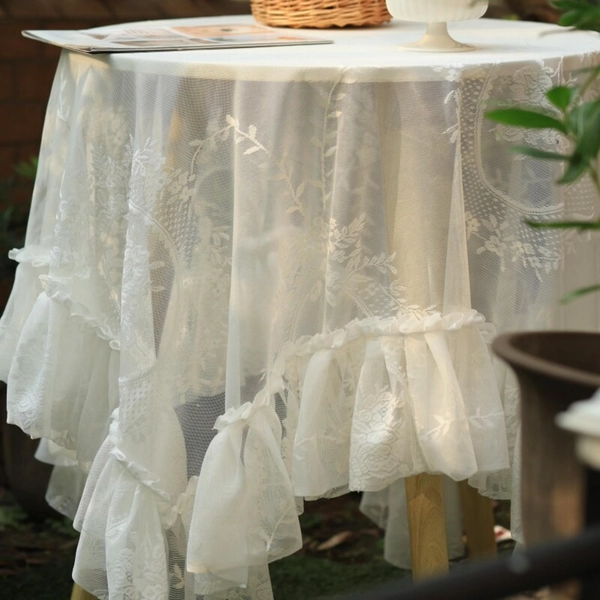 White Lace Round Tablecloth,Floral Embroidered Ruffled Edge Table Cover for Weddings,Cake Tables