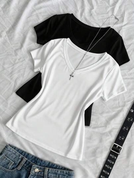 Sweetra Plus Size Women V-Neck Short Sleeve Slim Fit Bodycon T-Shirt