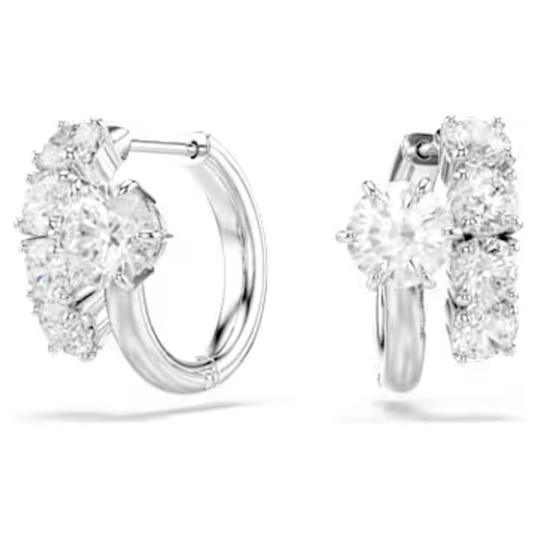 Matrix hoop earrings, Round cut, White, Rhodium plated