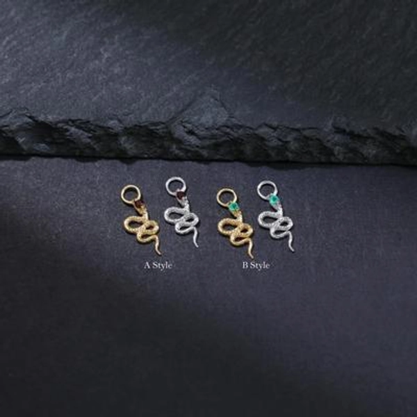 Snake Tsavorite Dangle Charm, Tiny 925 Silver Serpent Garnet Cartilage Rook Hoop Pendant, 14K Gold Gothic Style Helix Lobe Stud Connector