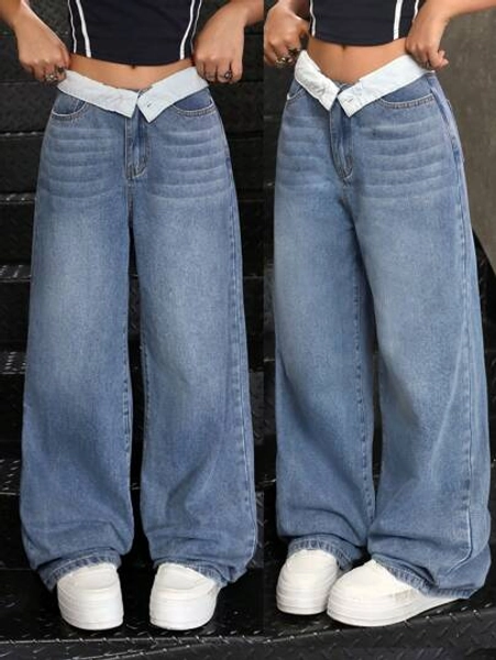 SHEIN Tween Girl Blue Denim Contrast Color Fold-Over Waist Loose Fit Baggy Jeans