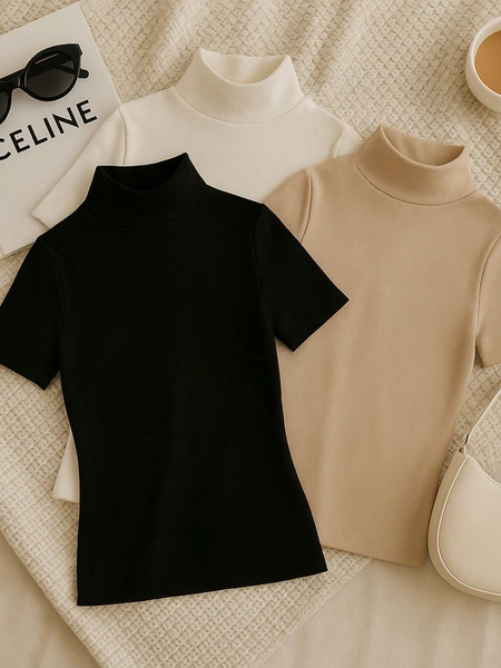 kit 3 blusas suplex gola alta basica casual feminina