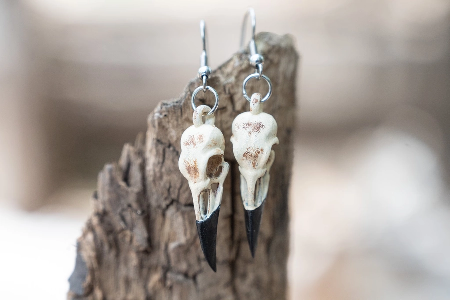 Hand-Painted Raven Skull Earrings: Gothic Bone Jewelry