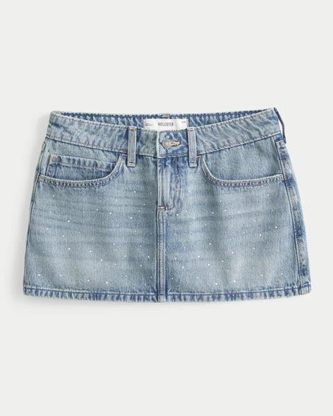 Low-Rise Medium Wash Studded Denim Mini Skort