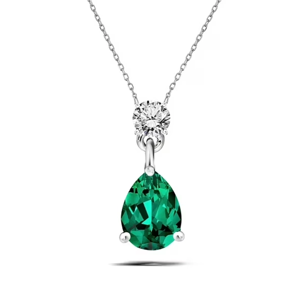 JeenMata 1.75 Carat May Birthstone - Round and Pear Cut Dangle Pendant Necklace in 18k White Gold Plated for Women