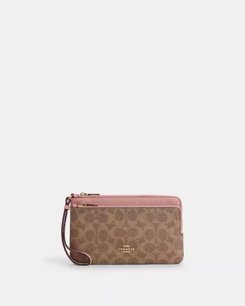 Gold/Tan/Pink Petal Double Zip Wallet In Signature Canvas