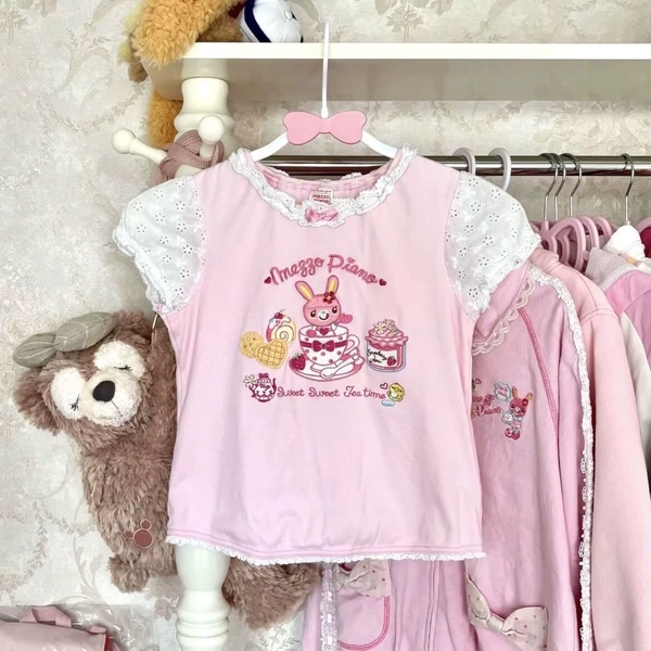 Japan Style Sweet Bow Print Lace Short Sleeve Tshirt Kawaii Cartoon Graphic O-neck Pullover Tee Y2k Aesthetic Lovely Top E-girls - AliExpress 200000345