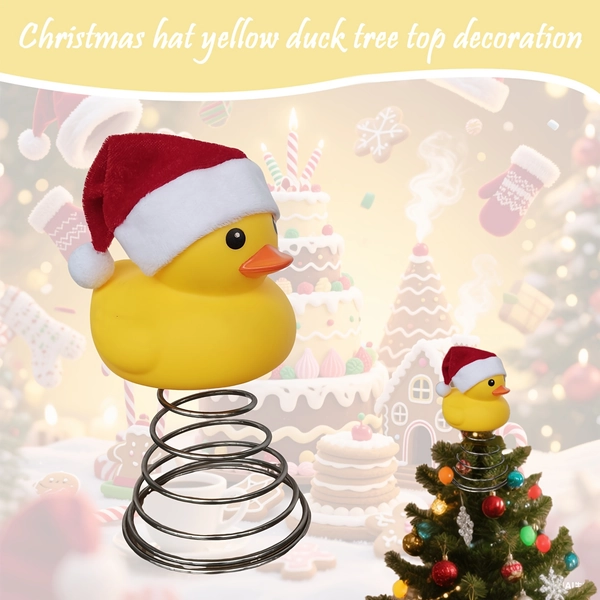 1pc Christmas Tree Topper Decoration - Cute Yellow Duck with Santa Hat, Spiral Base for Tabletop or Tree - No Electricity Needed, Easy Hang Holiday Decor - Durable Plastic/Metal Construction for Home, Office, Party - Festive Christmas Decoration, Seasonal Ornament, Playful Design, Lightweight Ornament, Home Decorators