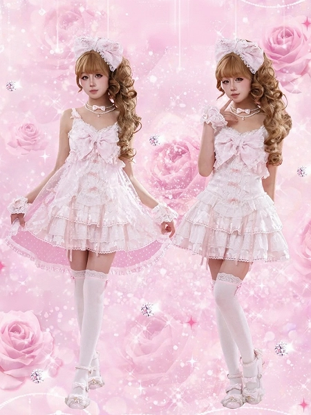 [£62.74]Gyaru Style Pink Three-piece Set - Bow Camisole Top + Sheer Overlay + Lace Trim Skirt