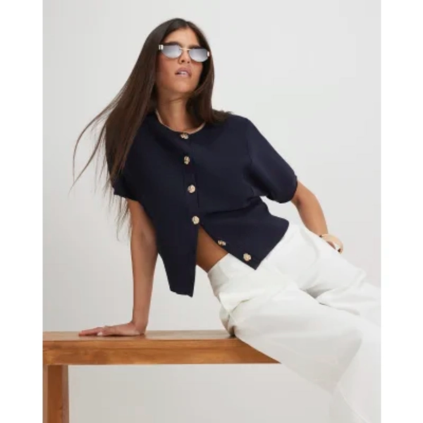 Navy Cotton Knit Cocoon Sleeve Cardigan
