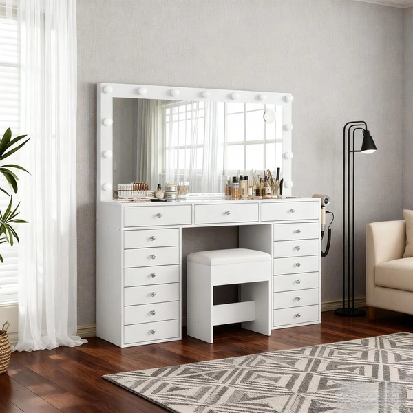 55" W Large Makeup Vanity Desk with Lighted Mirror - 3 Modes Adjustable Brightness, Charging Station, 15 Drawers, Glass Top & Chair for Bedroom
