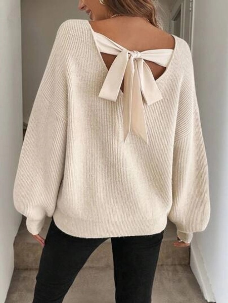 Easowa Women's Retro Brown Bow-Knot Crew Neck Long Sleeve Sweater, Autumn/Winter,Long Sleeve Tops