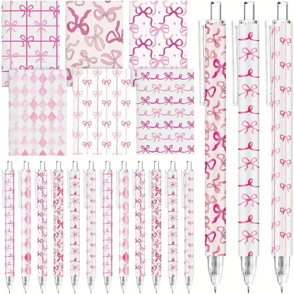 Ballpoint pens, 48pcs Coquette Office Supplies Pink Bow Notepad Mini Journal Preppy Ballpoint Pen Bulk Small Aesthetic Notebook Pen Cute Stationary