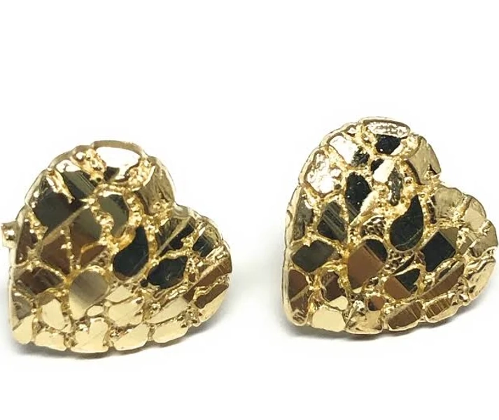 14K Solid Gold Heart Nugget Stud Earrings
