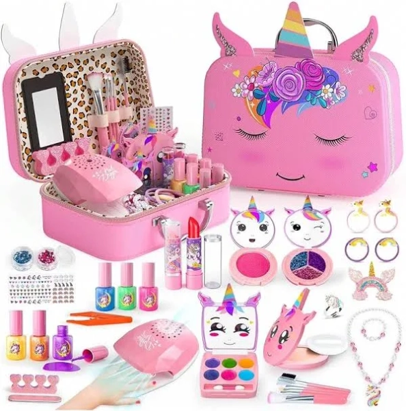 Kids Makeup Kit For Girl - 2 In 1 Kids Washable Makeup Toys & Nail Art Kit With Nail Dryer And Cosmetic Storage Case, Kids Play Makeup For Girls, Real
